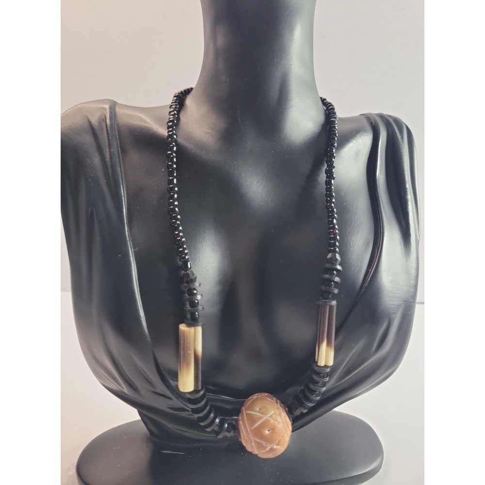 Black Beaded Statement Necklace Tan Carved Focal Bead Boho Tribal Strand